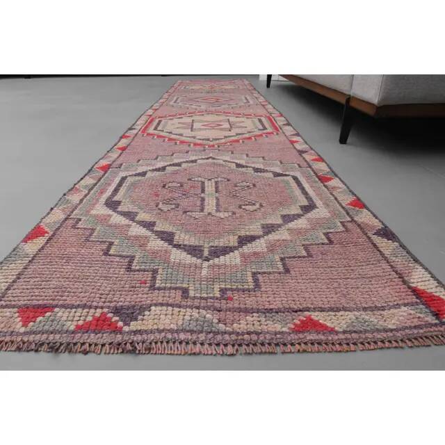1970s Turkish hand-knotted wool cotton pink runner rug 94x335