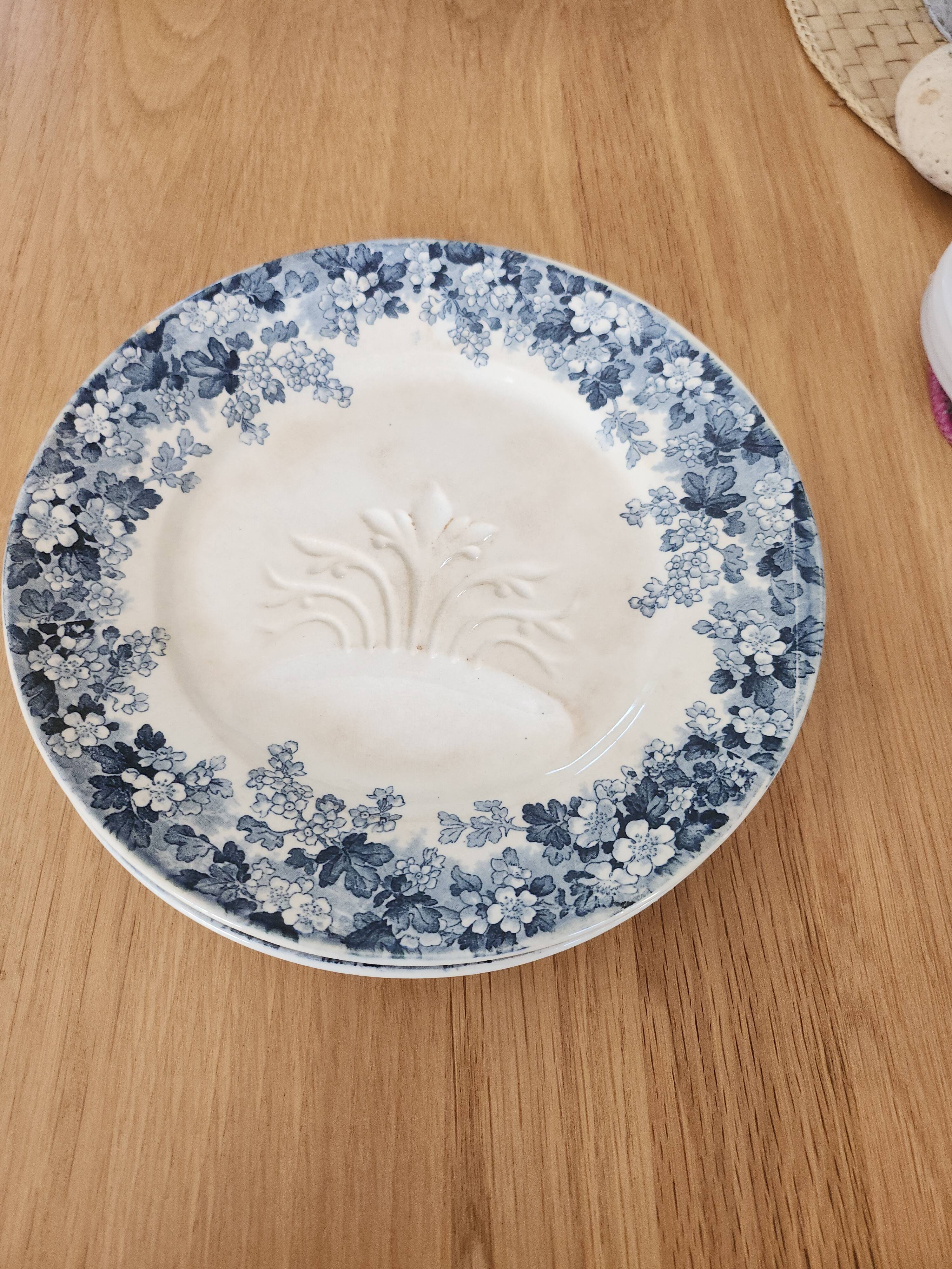 Pair of antique asparagus plates "Récamier" in Terre de Fer, Sarregue