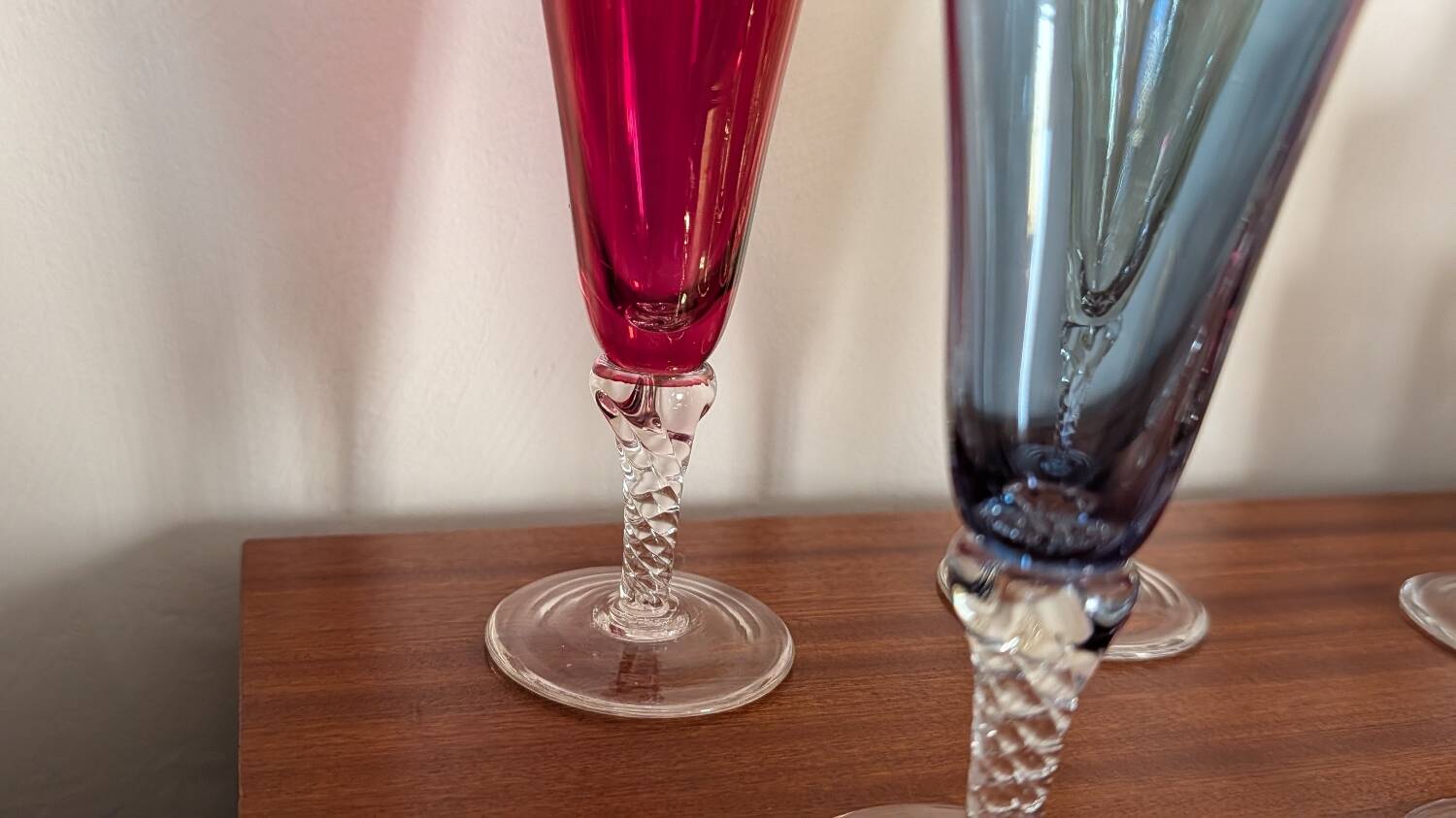 6 coloured glass champagne flutes from the 1950s