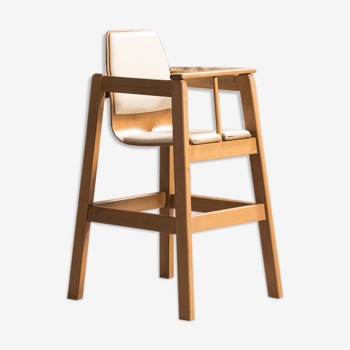 Children's high chair in solid tinted beech, seat and back in imitation cream leather, certification