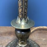 Ornate brass table lamp with mint green glass shade