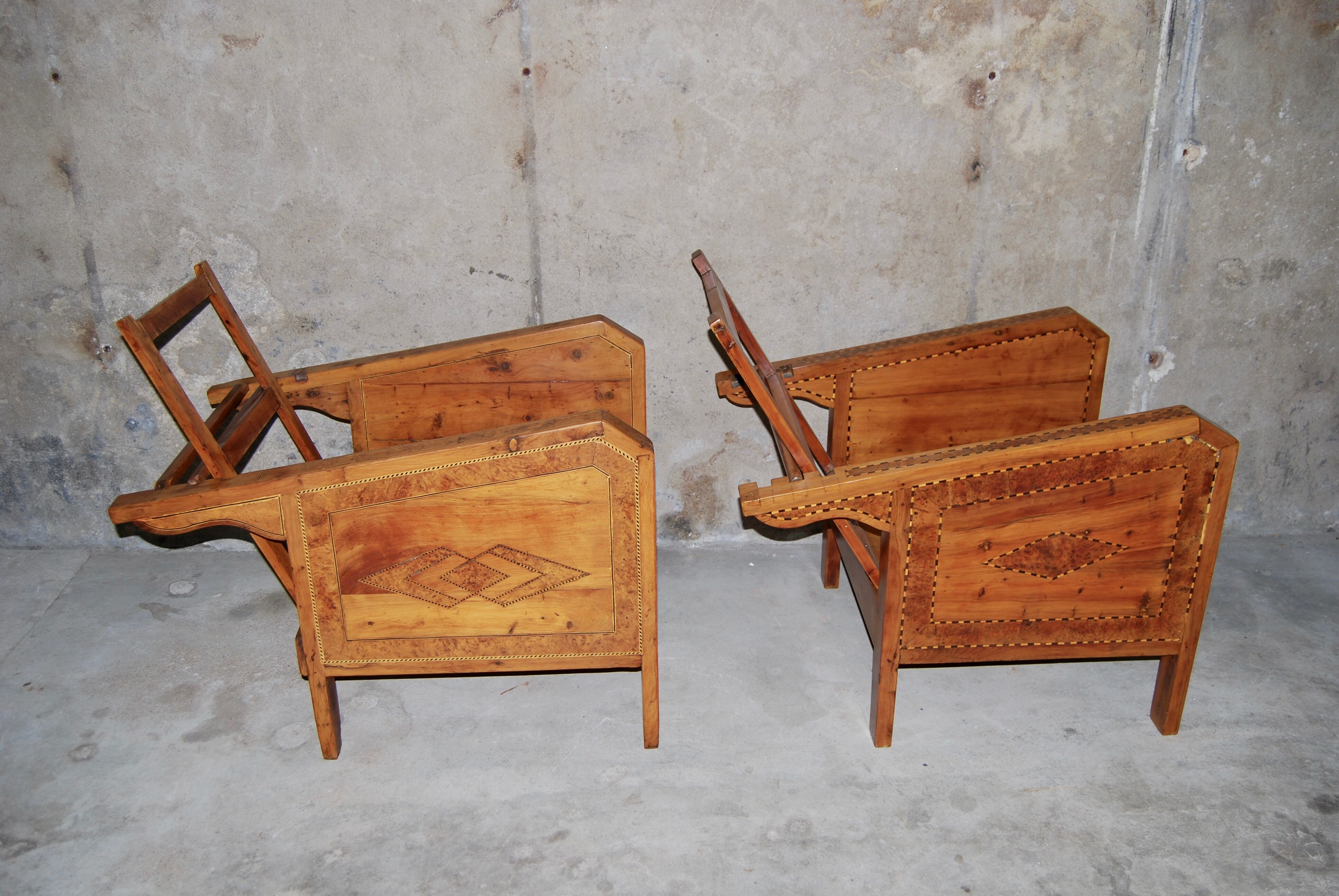 Vintage wooden veranda armchairs with inlaid marquetry 1930s