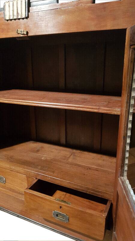 Art deco brown glass sideboard 2 drawers original piece old teak wood