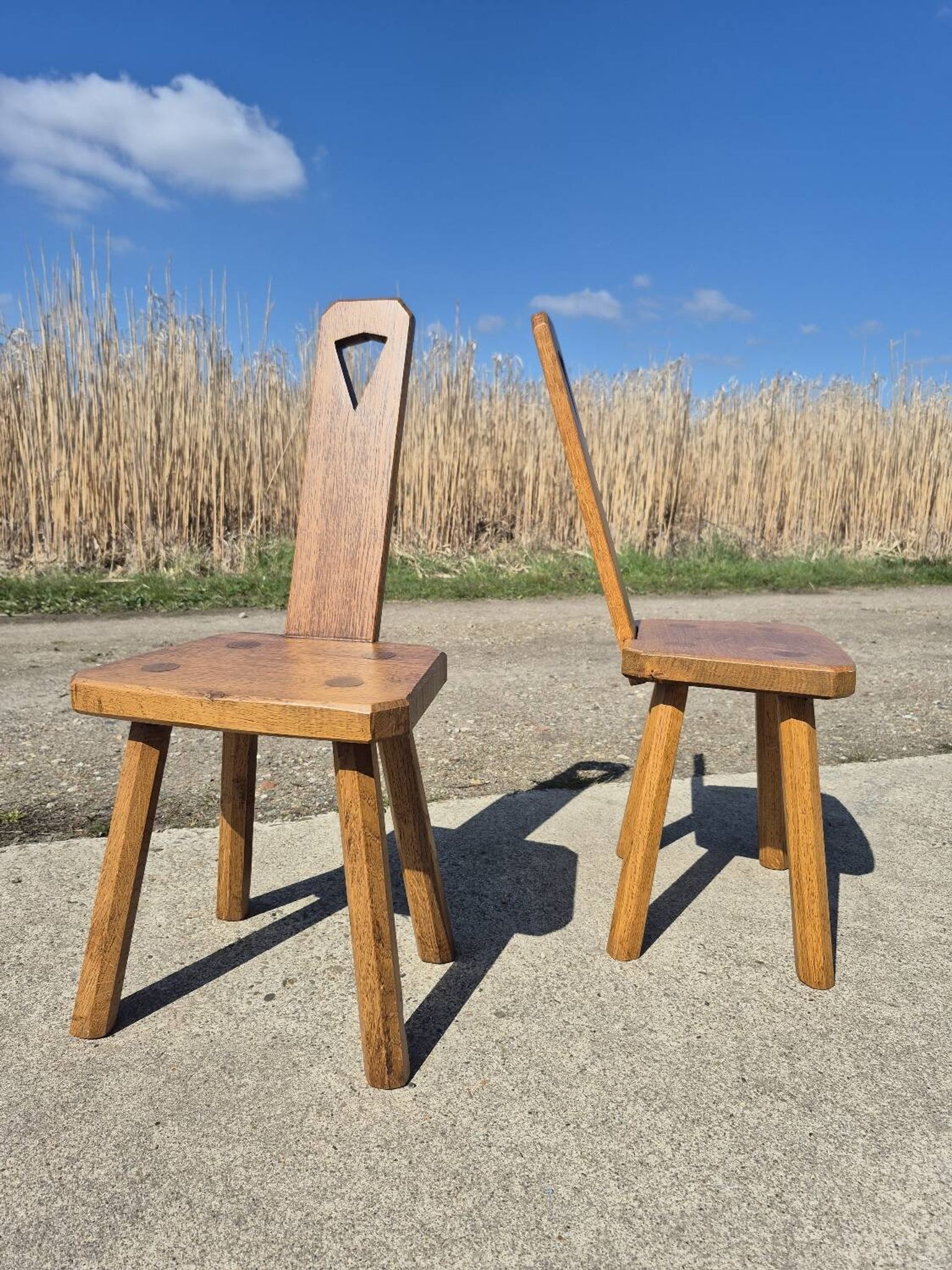 Set of 2 - Dutch MCM oak armchair from the 1960s - brutalist plant stool