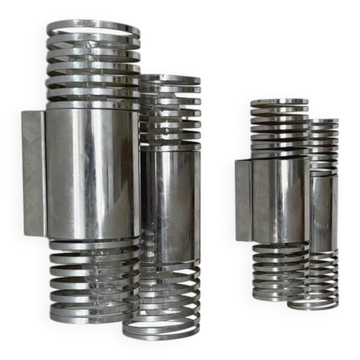 Pair of vintage double wall lights in chrome metal, France, 1970.