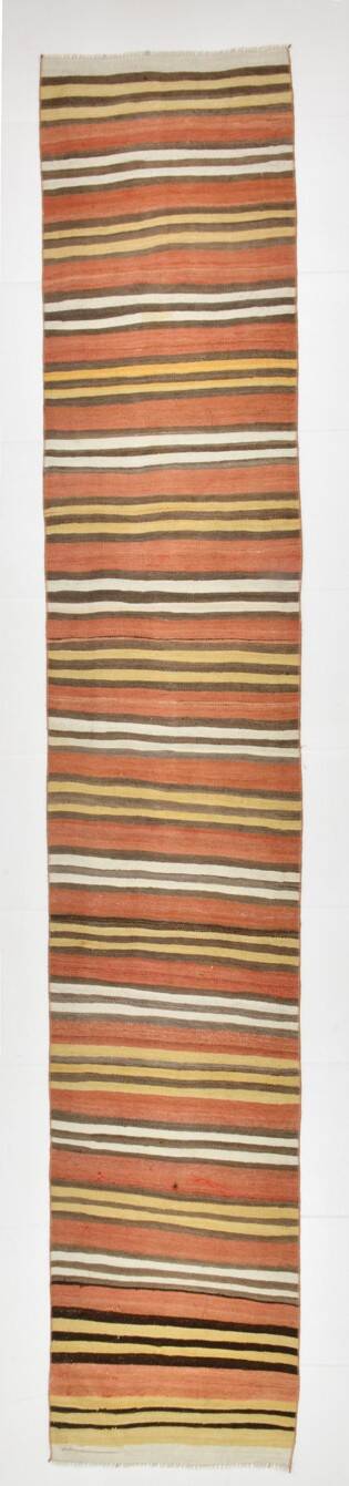 Tapis Kilim Vintage Rayé, Long Format aux Tons Chauds Boho, 65x366