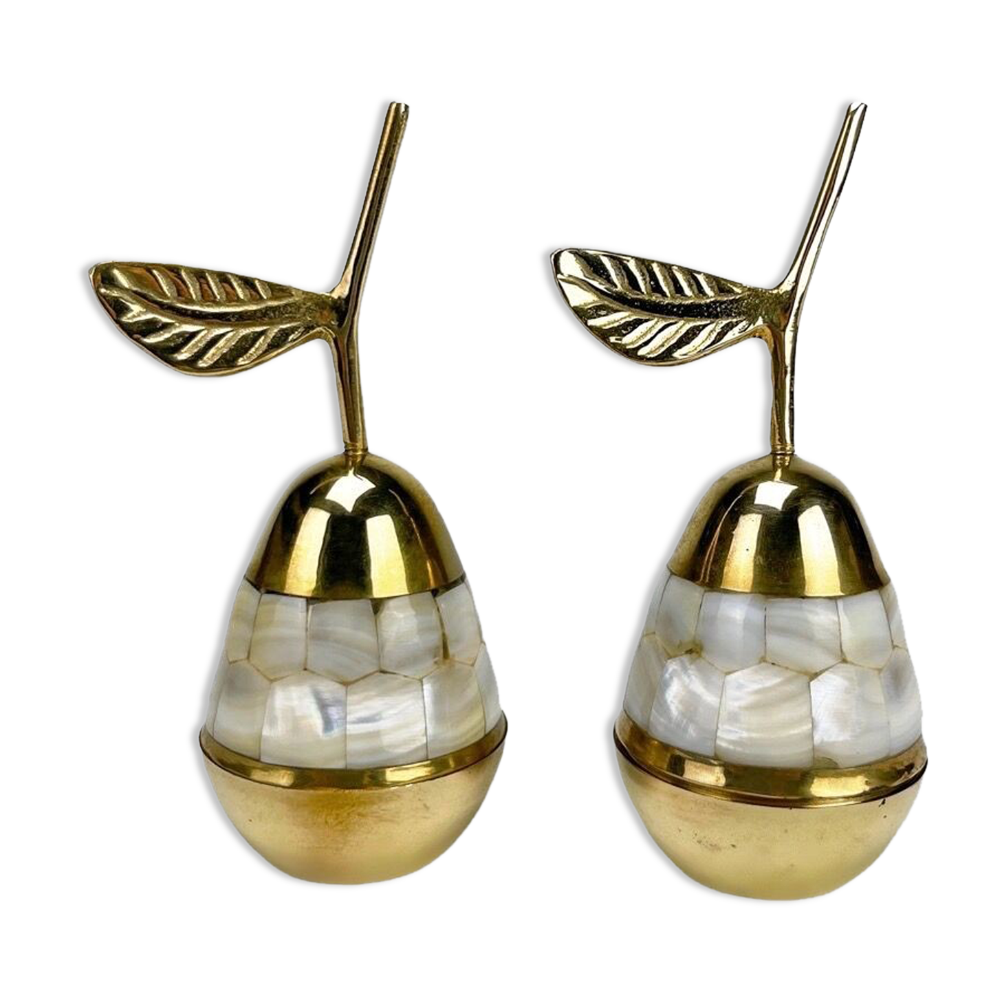 Duo of pear boxes in mother-of-pearl and brass 80s