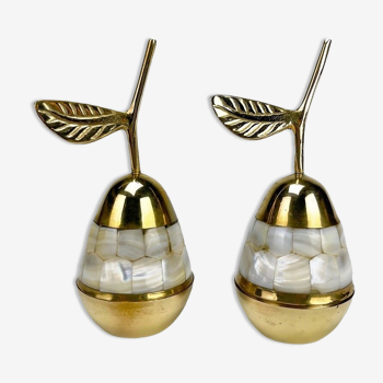 Duo of pear boxes in mother-of-pearl and brass 80s