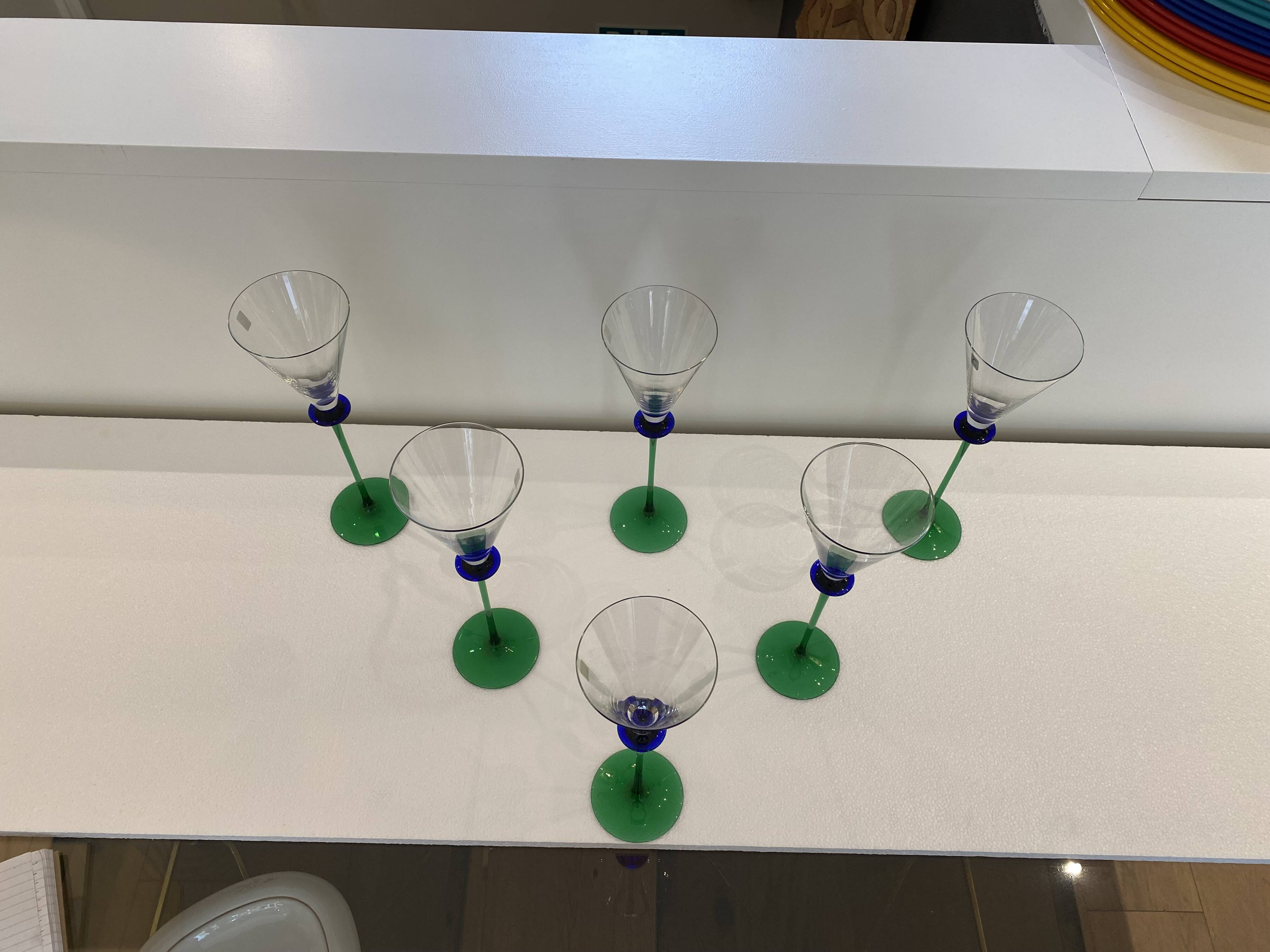 A Set of 6 Hand-blown Emerald Green Cobalt Blue Stem Champagne Flutes Art