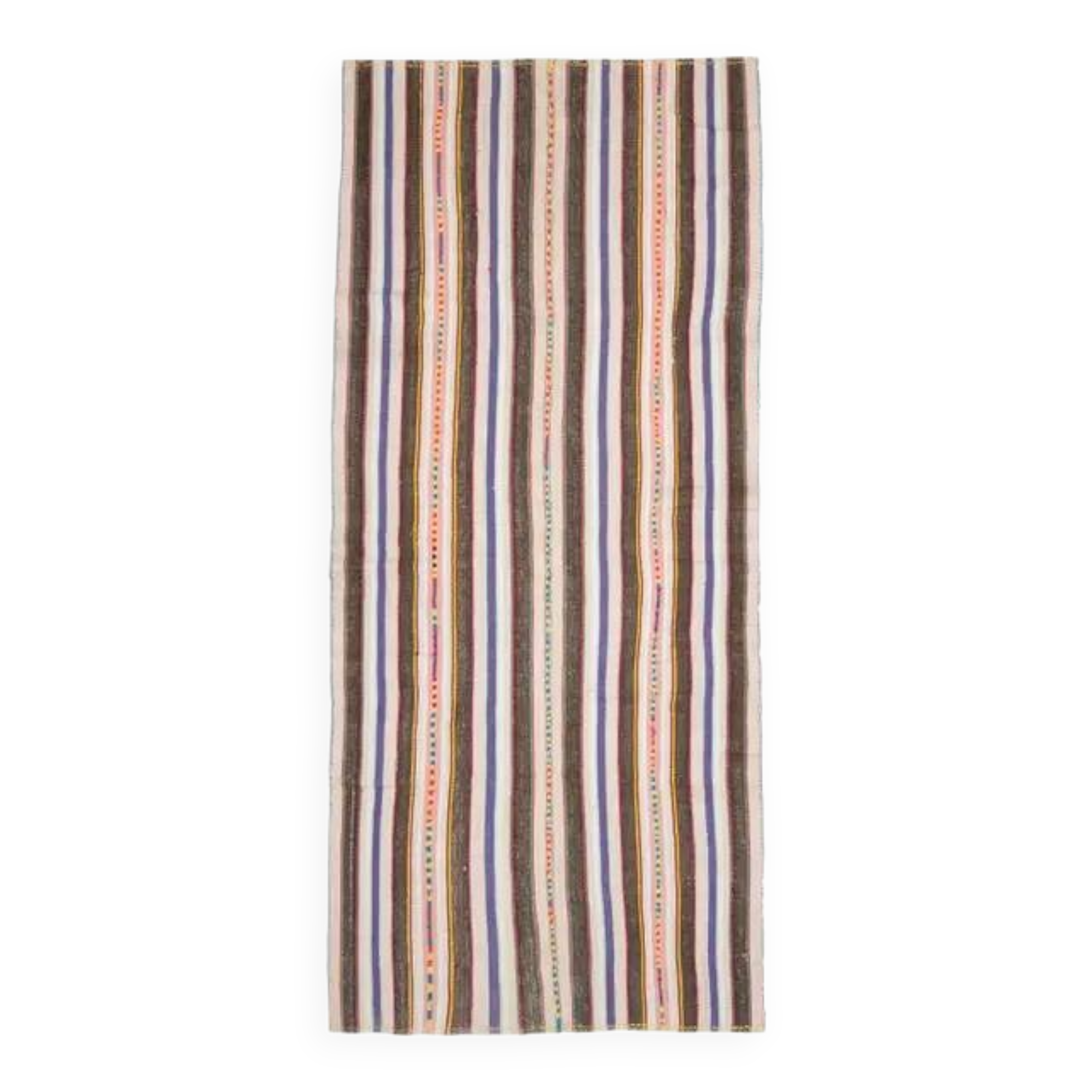 Turkish Vintage Striped Brown Blue Kilim Runner Rug 145x324