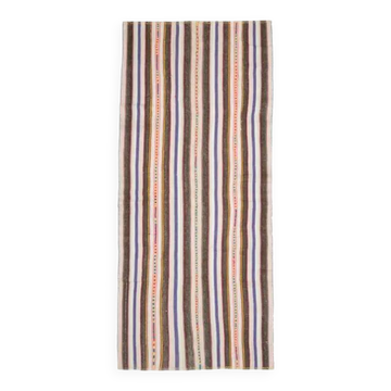 Turkish Vintage Striped Brown Blue Kilim Runner Rug 145x324