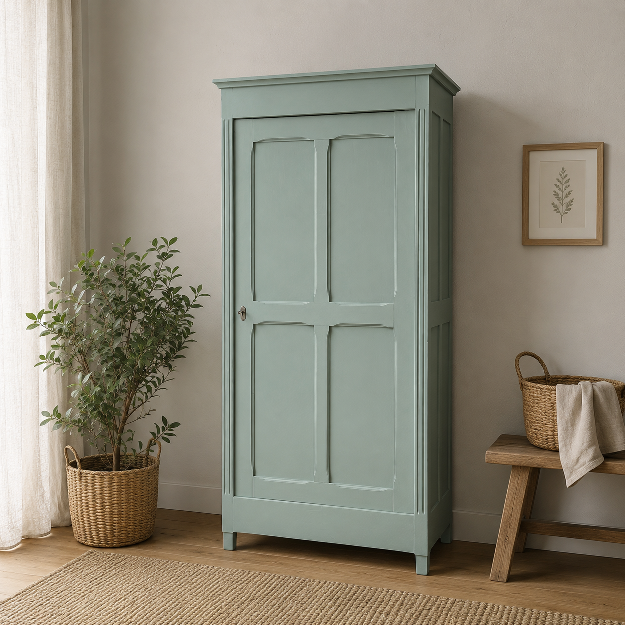 Antique Parisian wardrobe in grey-green solid pine.