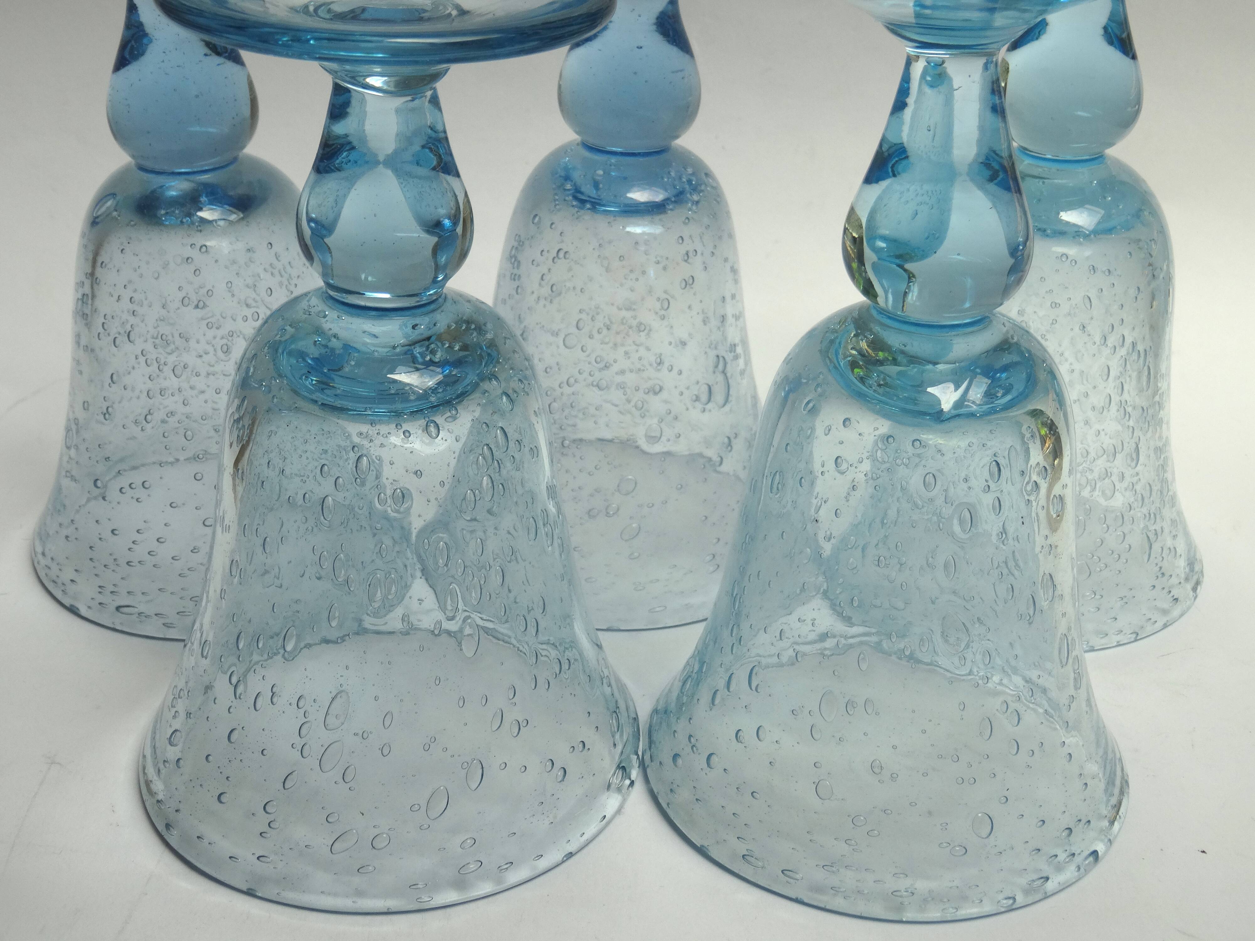 5 glasses with blue Biot stemmed