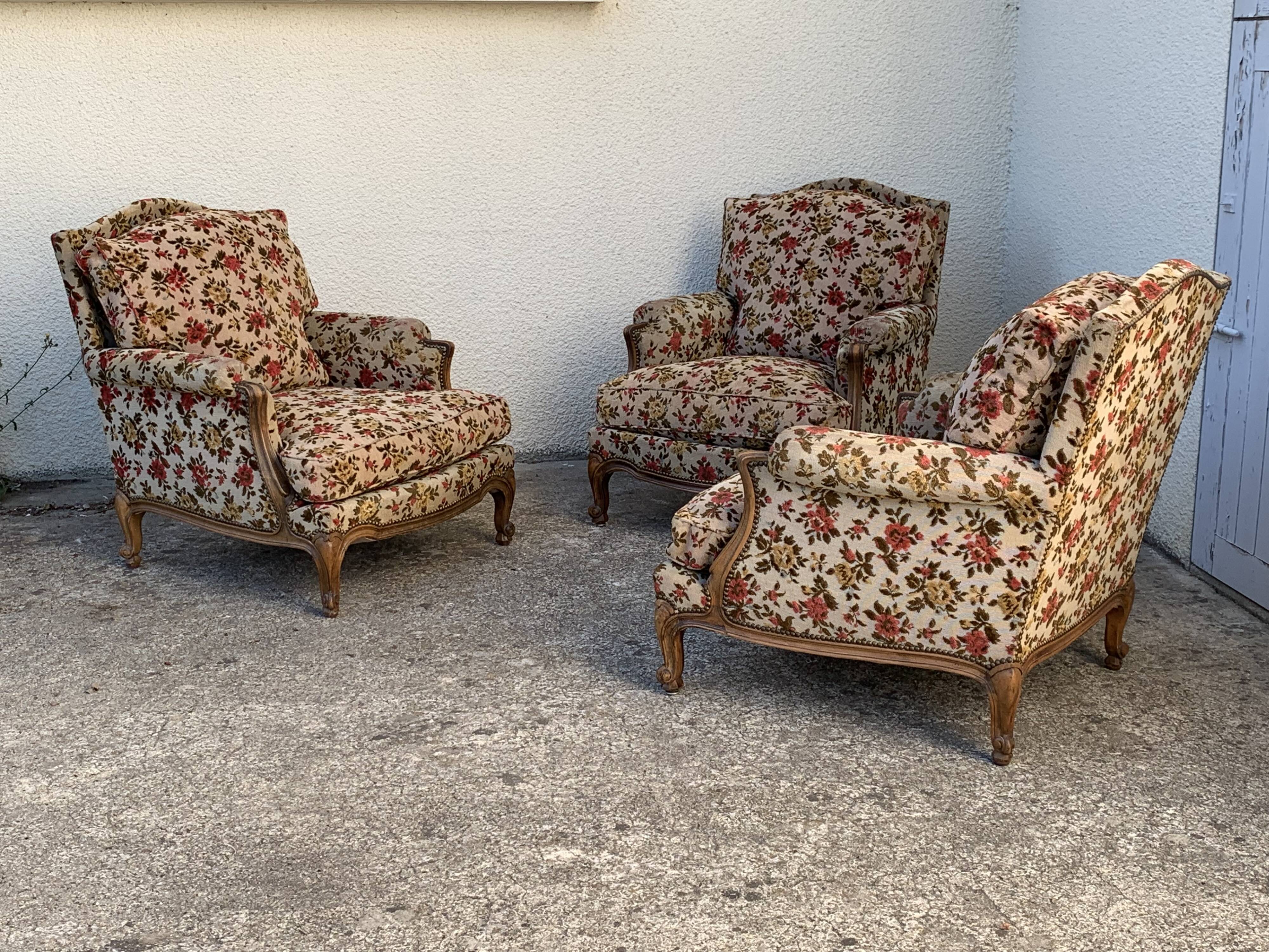 Antique Louis XV style shepherdess armchair in floral flocked fabric