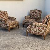 Antique Louis XV style shepherdess armchair in floral flocked fabric