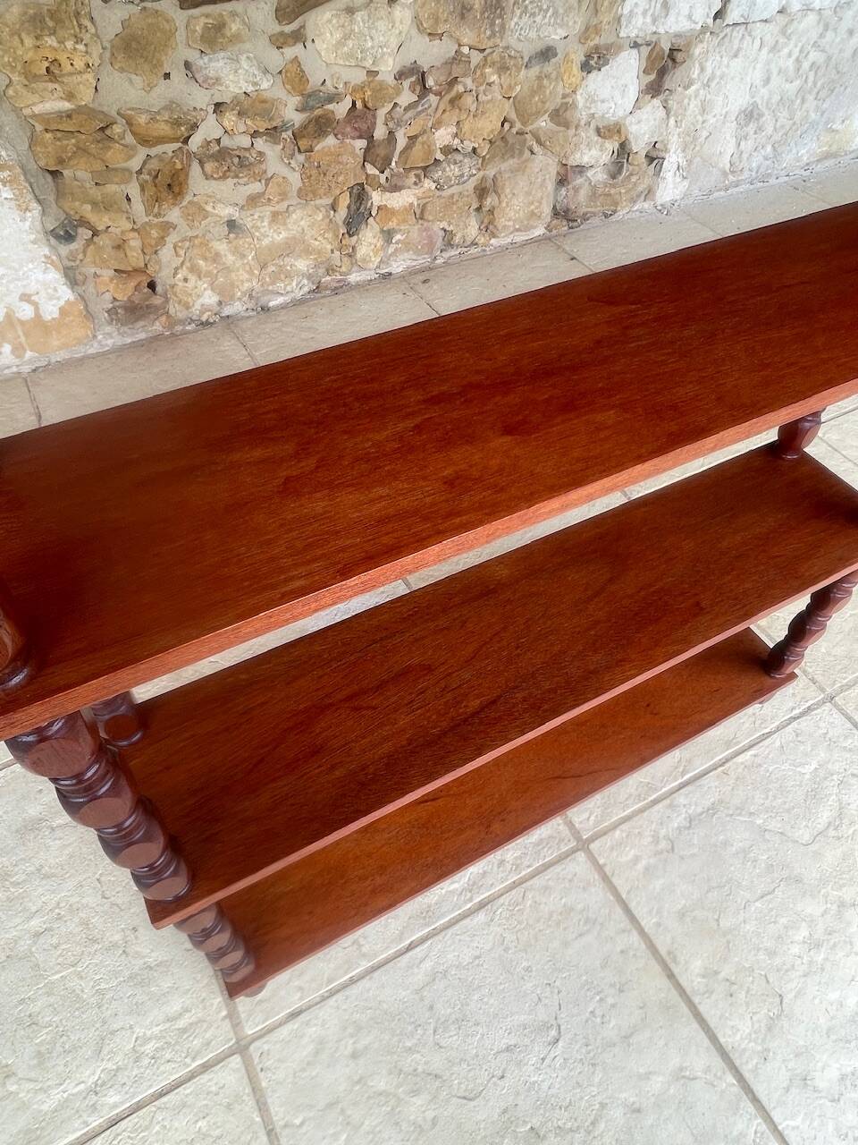 Vintage 5-tier turned wood shelf on legs.