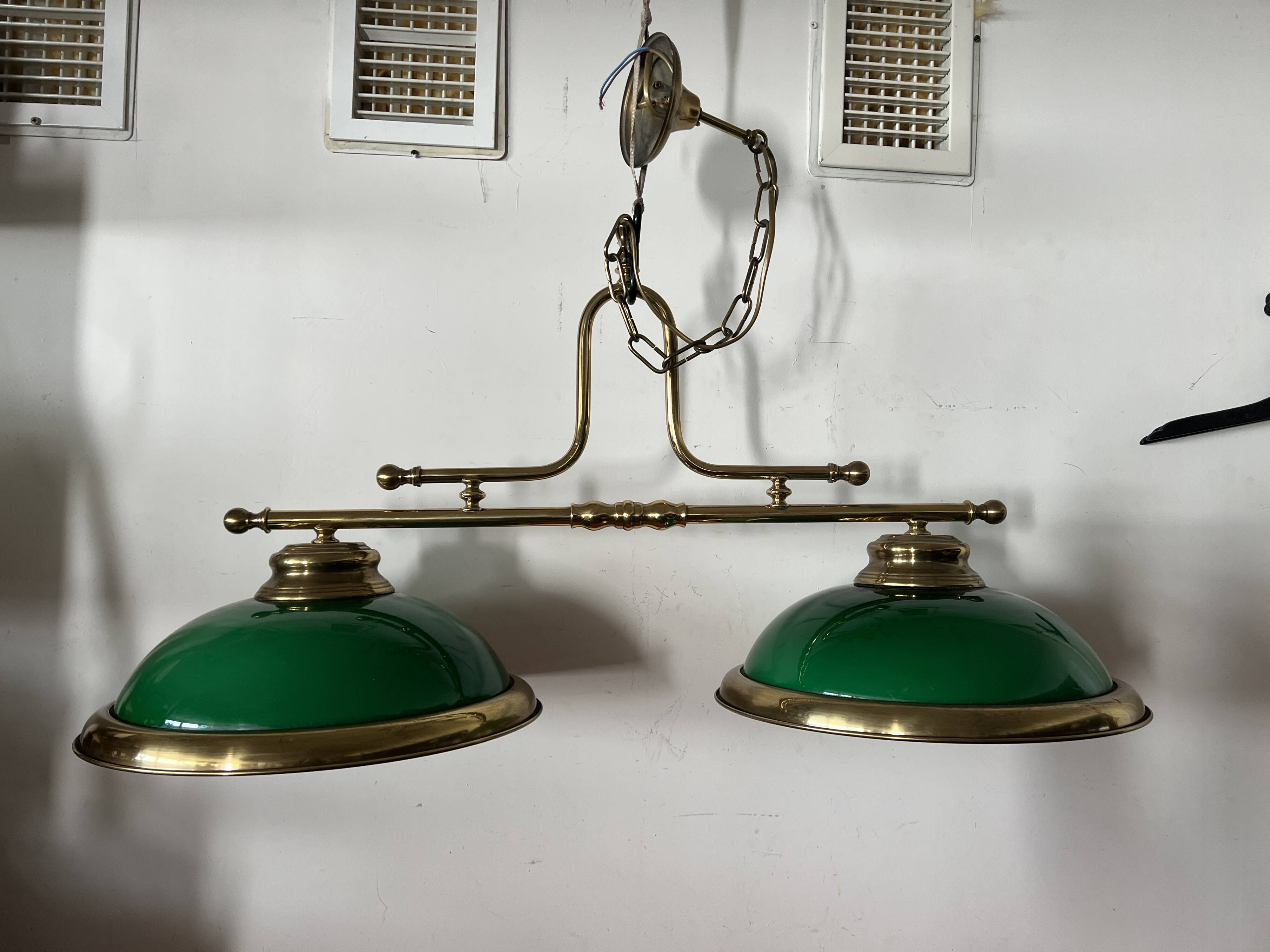 Lighting, billiard chandelier in brass and opaline