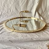 Grand miroir vintage rond en laiton doré avec deux appliques lumineuses - diamètre 50 cm