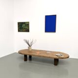 XXL oval coffee table in solid oak, cylindrical base, 1950s.