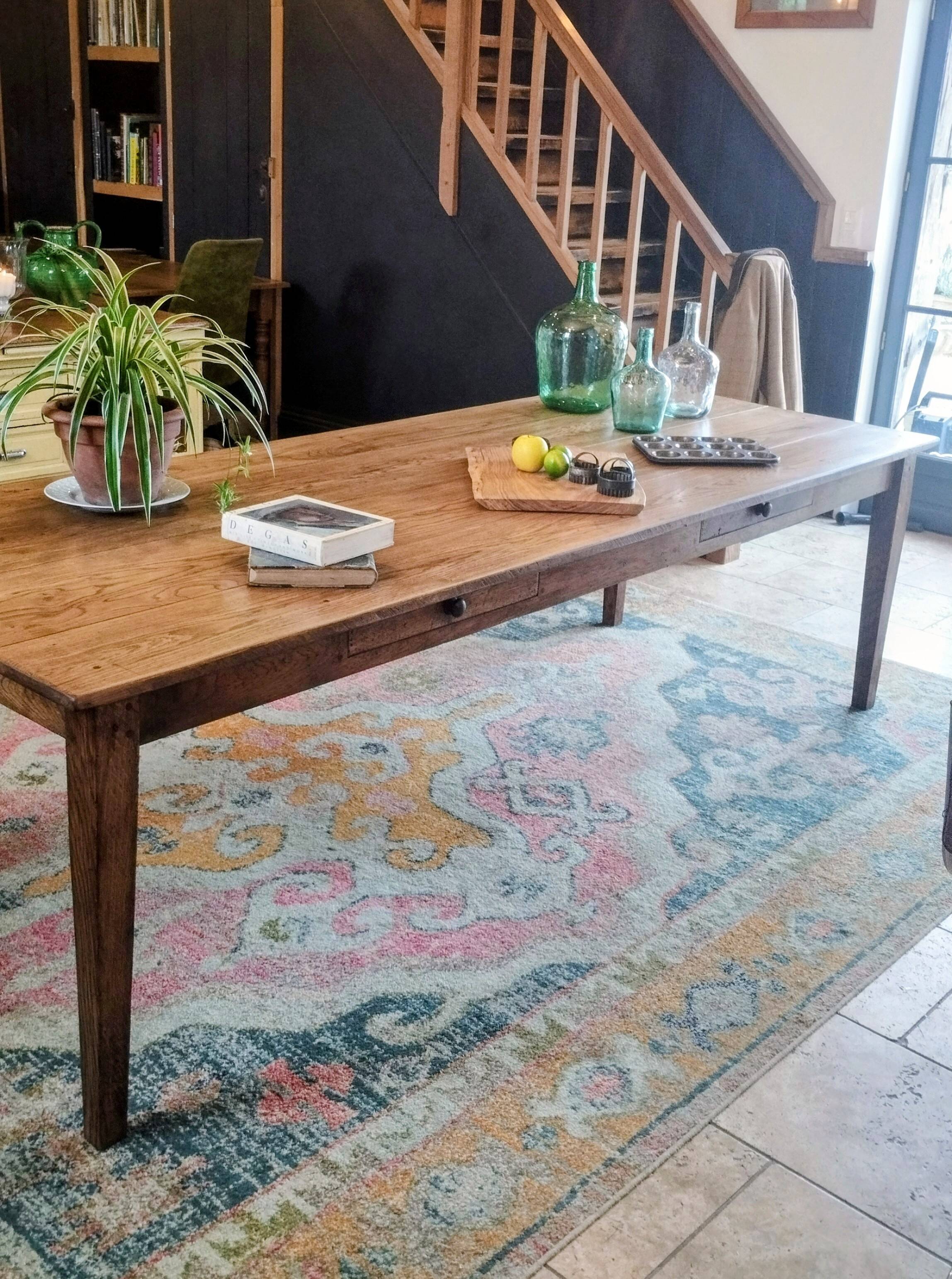 XXL solid oak farmhouse table 260x100 patinated two drawers