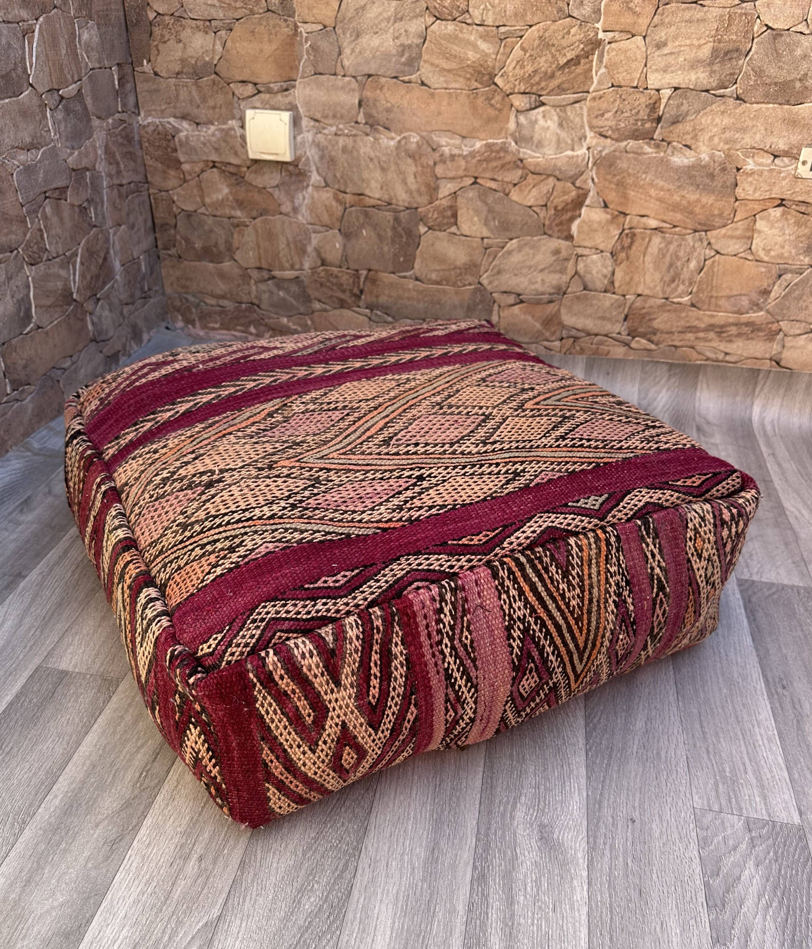 Outdoor Kilim Pouf - Moroccan Throw Pouf - Berber Ottoman Pouf - Oriental Pillow