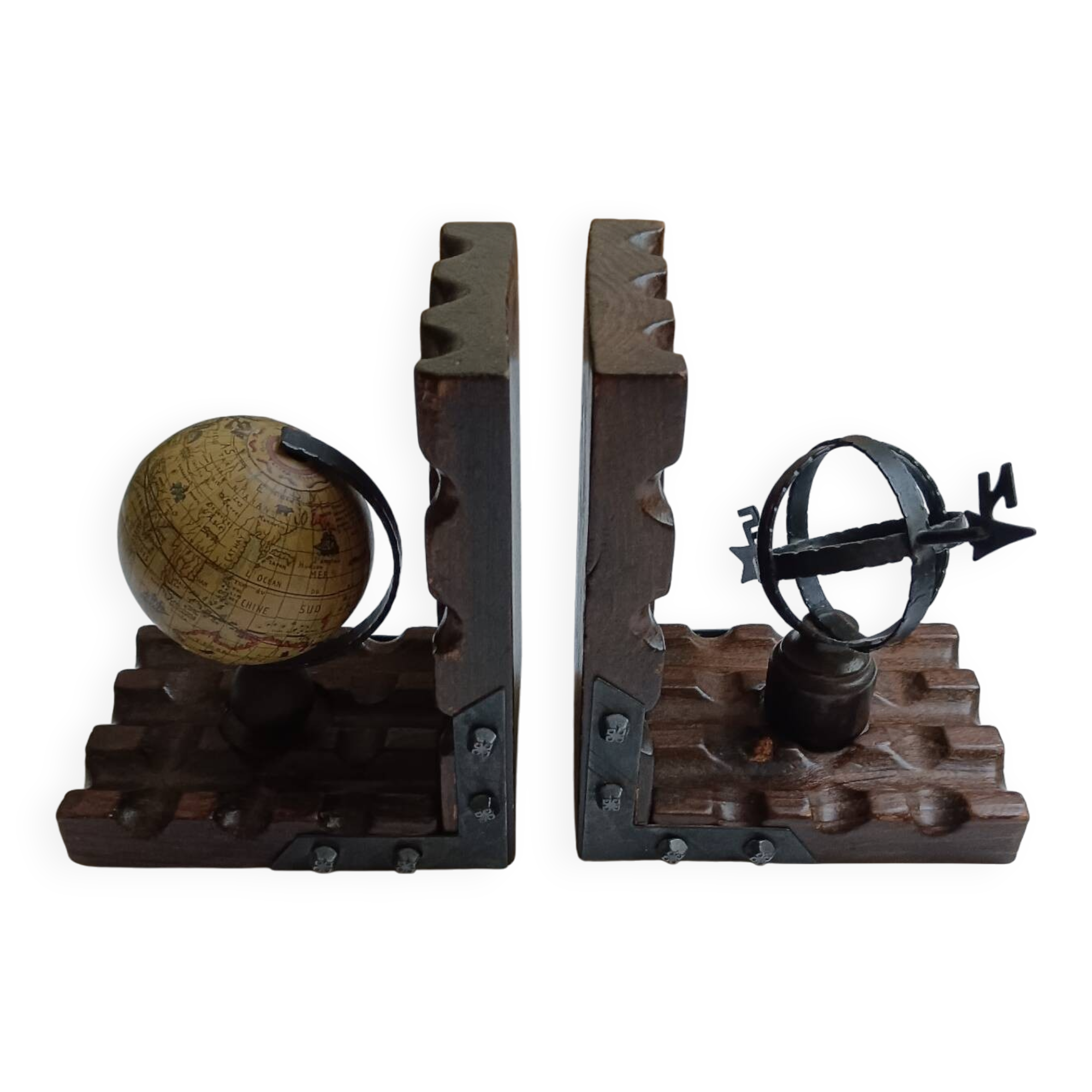 Wooden bookends globe world map