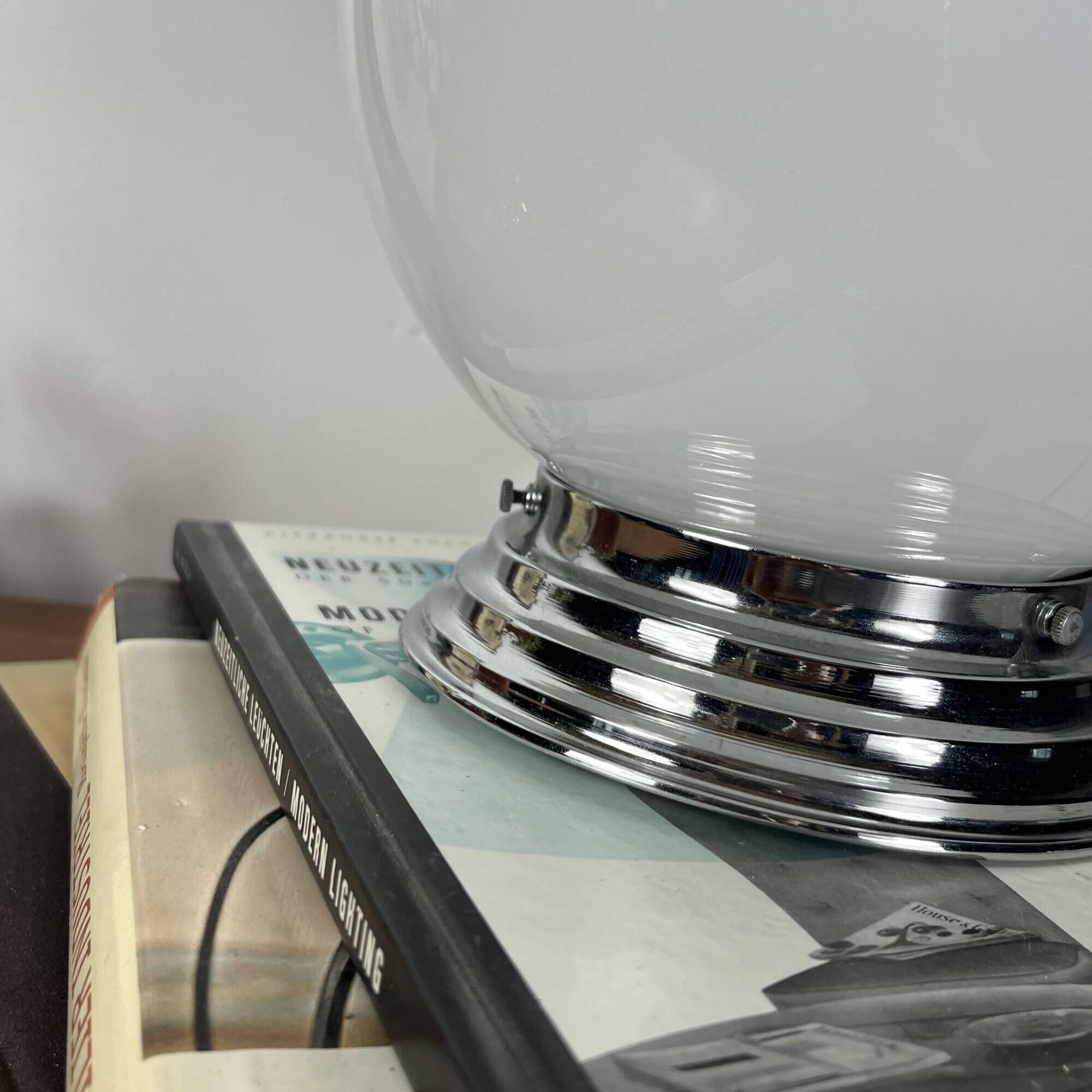 Ceiling light or wall light with a white opaline glass globe, 20 cm, stainless steel rose.