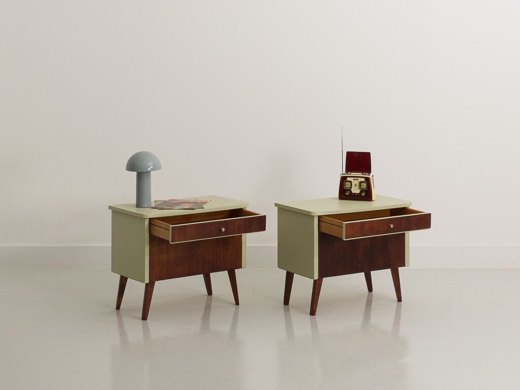 Pair of vintage bedside tables completely restyled in pale green on solid beech compass legs
