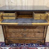 Commode secrétaire du XIXème en loupe d'orme, sapin et dessus marbre noir
