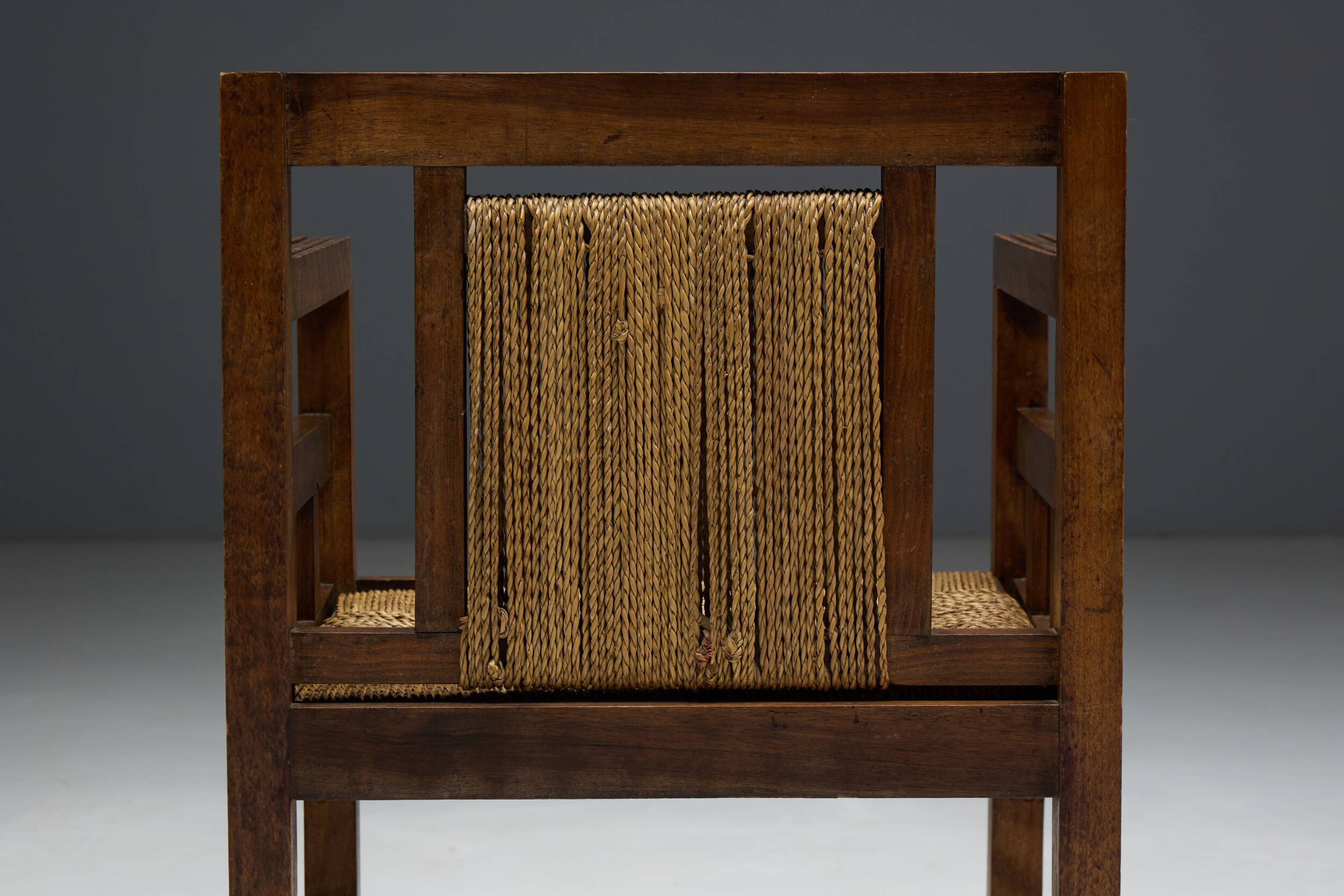 Art Deco Wooden Armchair with Rush Seat, France, 1920s