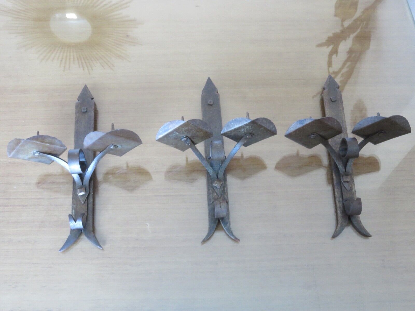 Series of 3 brutalist double wall candle holders in wrought iron beaten 40 years 50