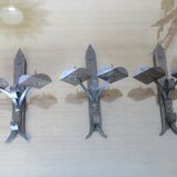 Series of 3 brutalist double wall candle holders in wrought iron beaten 40 years 50