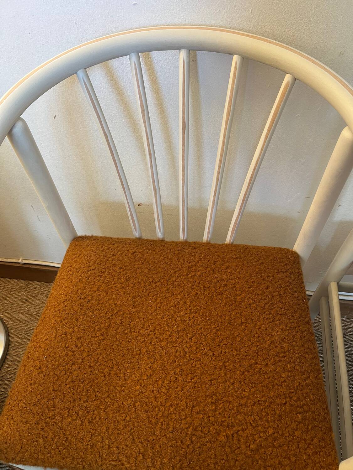 Pair of vintage wood and loop wool armchairs