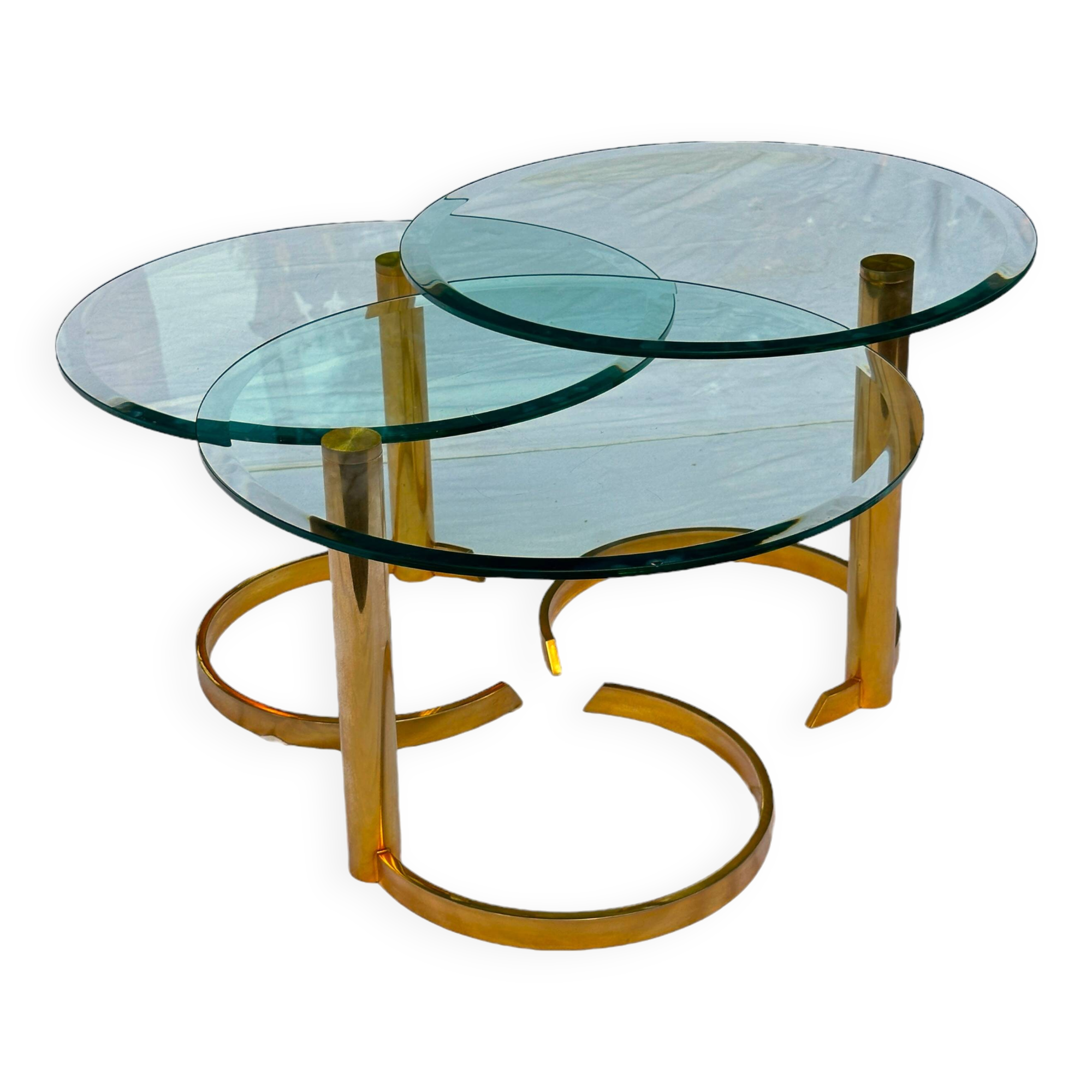 Coffee table, brass and glass, modular, set of 3, italy 1970s