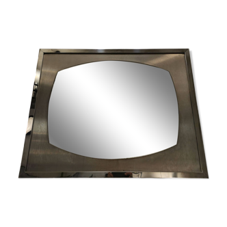 Large chrome and brushed stainless steel mirror from the 70s (80x65cm)