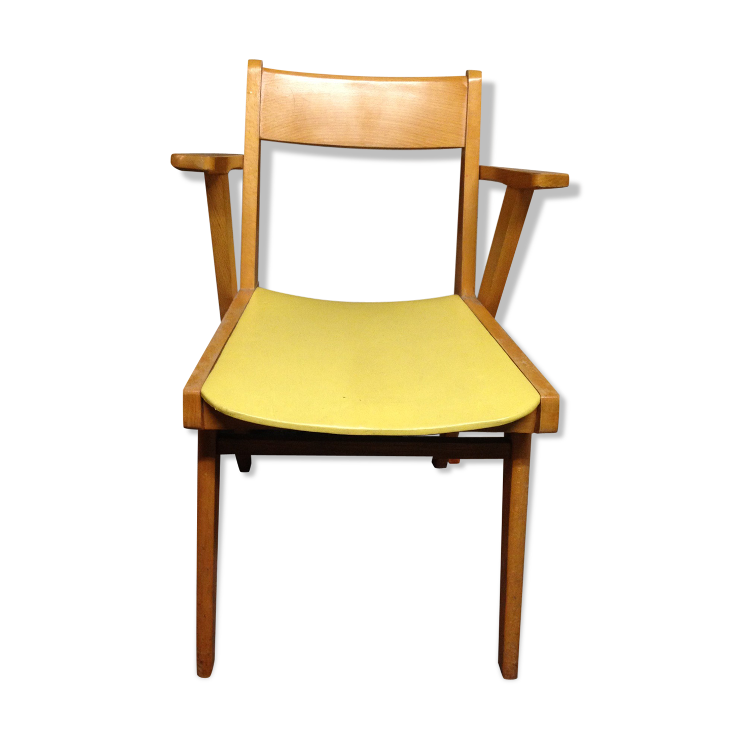 Fauteuil bridge skaï jaune et bois