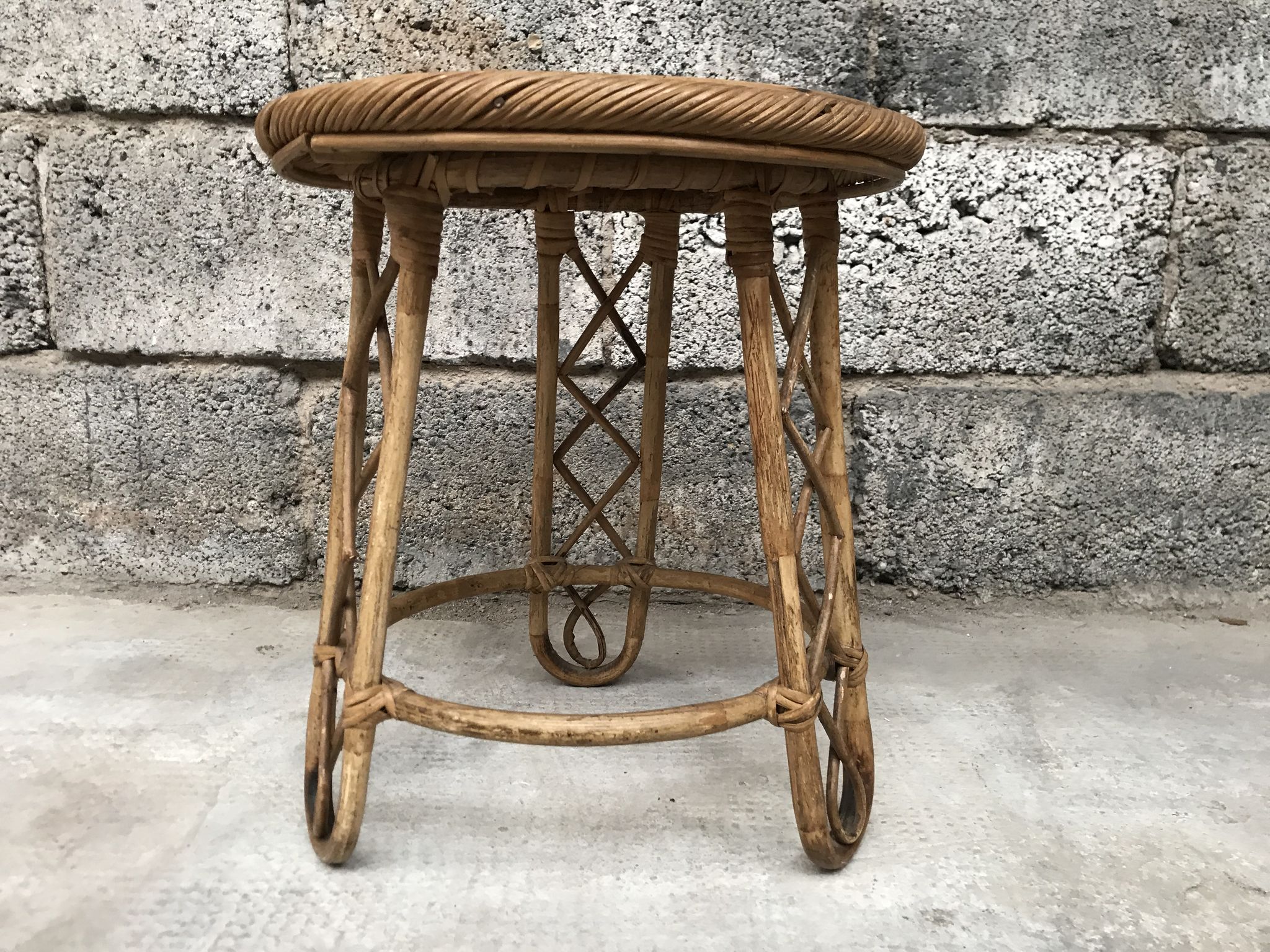Bamboo stool 50s Decoration natural wood rattan wicker Vintage Plant Door