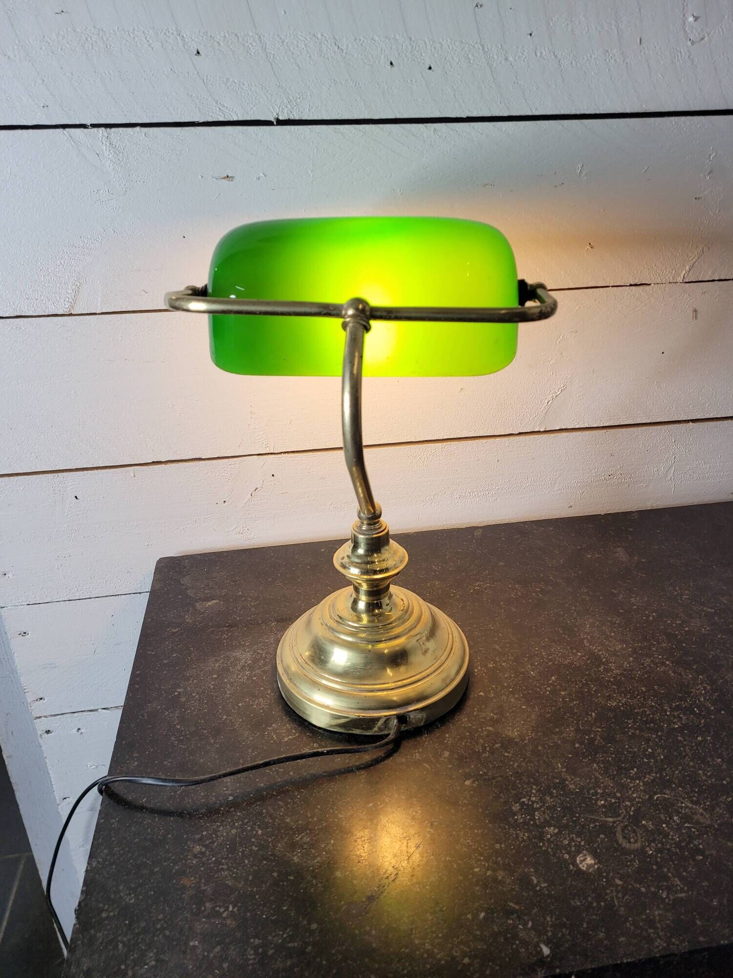 Vintage brass desk lamp with glass shade
