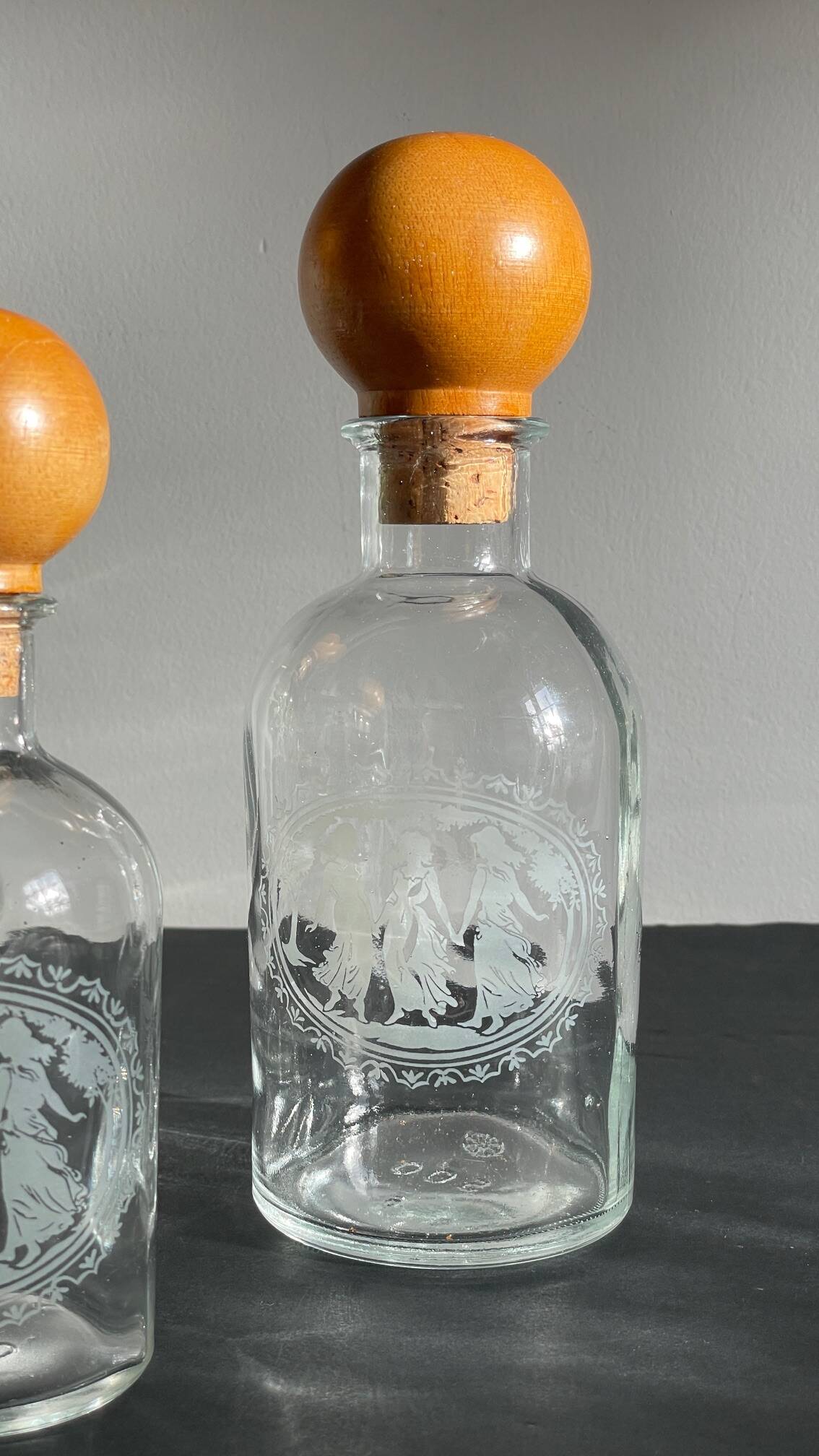BOTTLES Engraved Glass and VINTAGE Wood