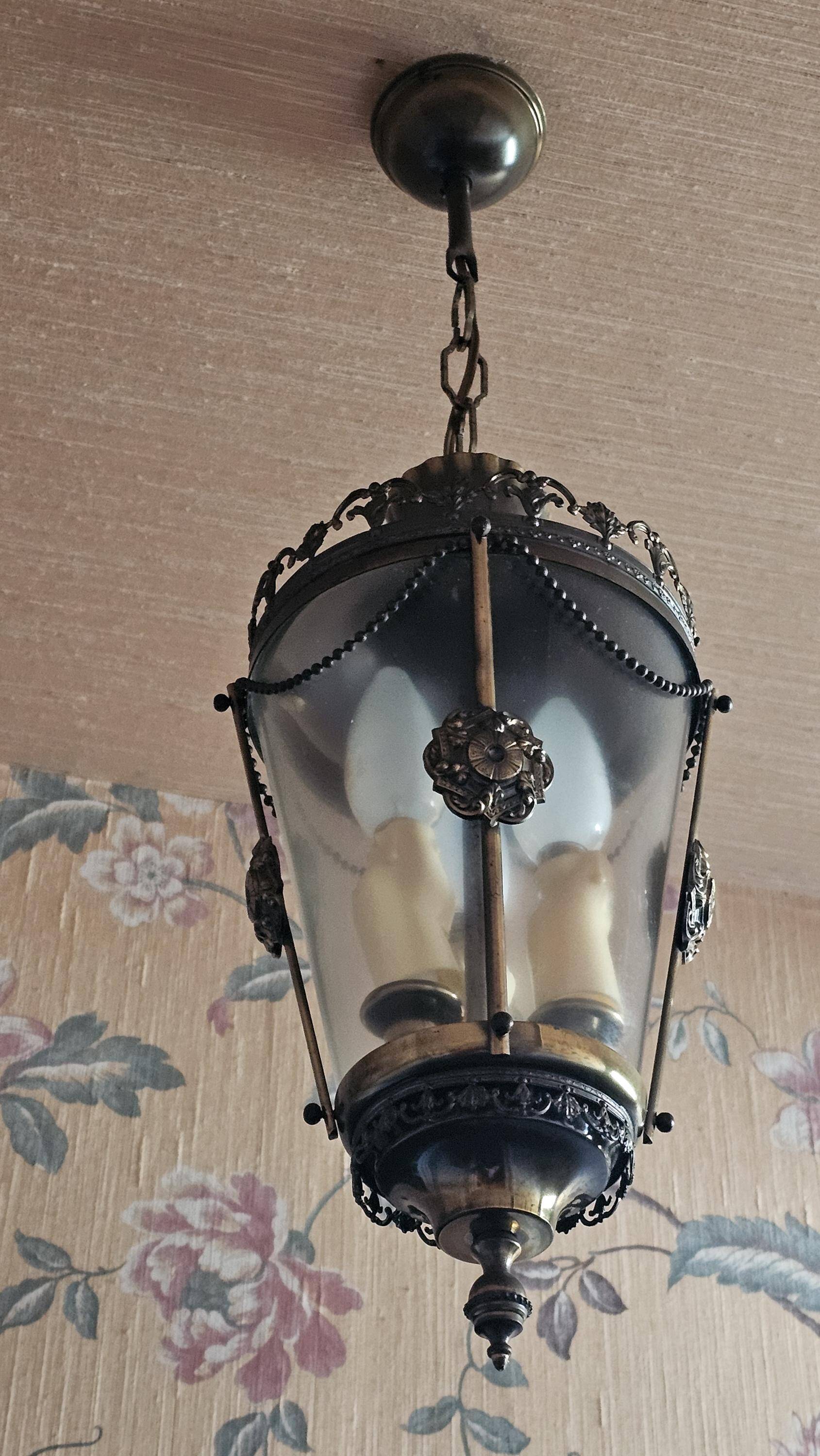 Patinated bronze ceiling lantern with smoked glass – Louis XVI style, 3 lights