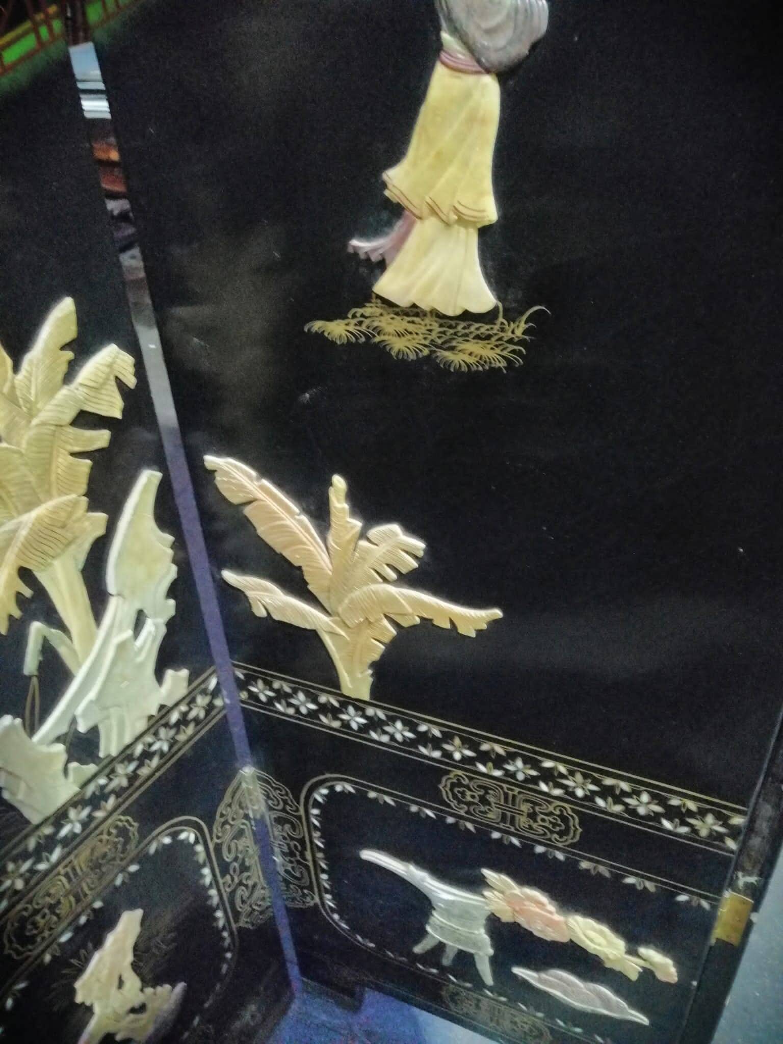 Antique Chinese bedroom screen, inlay of soapstone, jade, ivory, mother-of-pearl