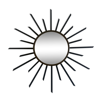 Sun mirror 1960 in patinated brass and black rays 50cm