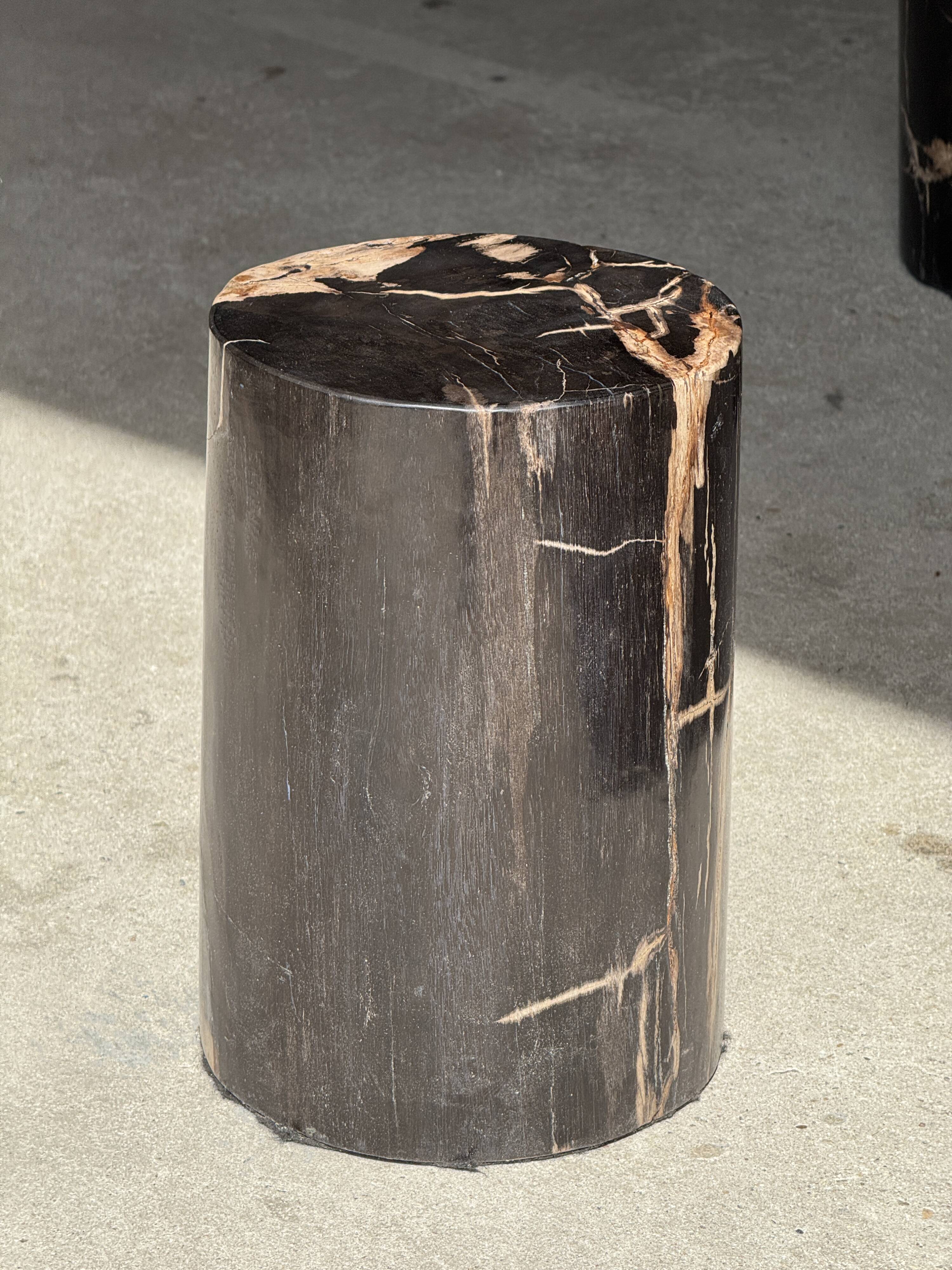Small side table in black petrified wood with stripes and beige sides H28 D18.