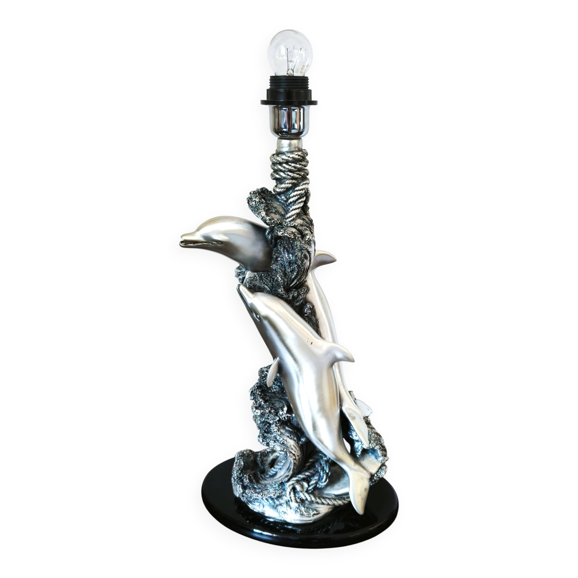 Large sculptural lamp MIDA Argenti silver dolphins Italy