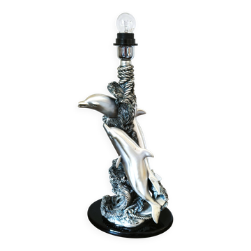 Large sculptural lamp MIDA Argenti silver dolphins Italy