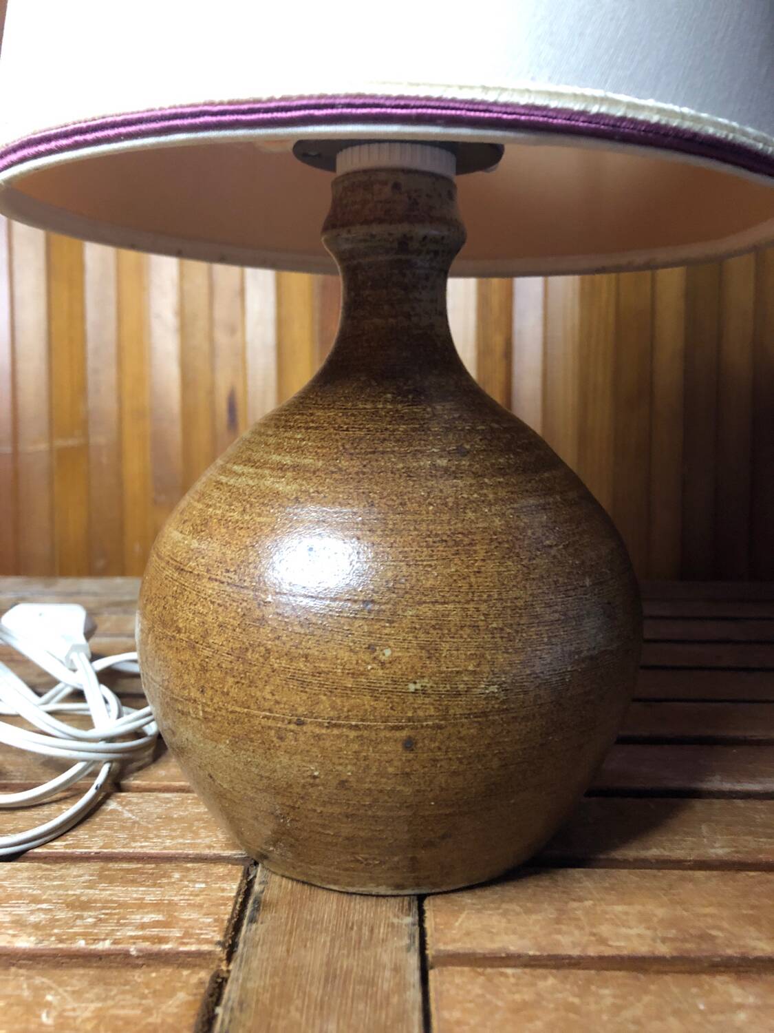 Ancienne lampe boule en grès + abat-jour blanc vintage #a549