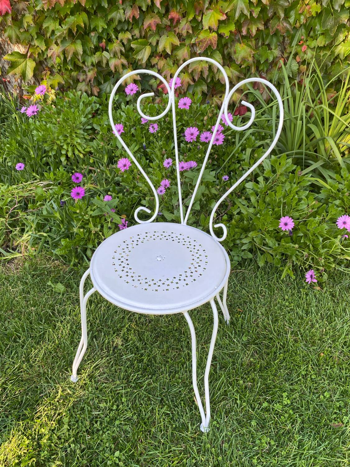 Paire de chaises de jardin anciennes en fer forgé ouvragé