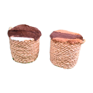 Poufs jonc tressé et peau