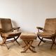 Pair of vintage 70s armchairs in brown and orange velvet with footrest.