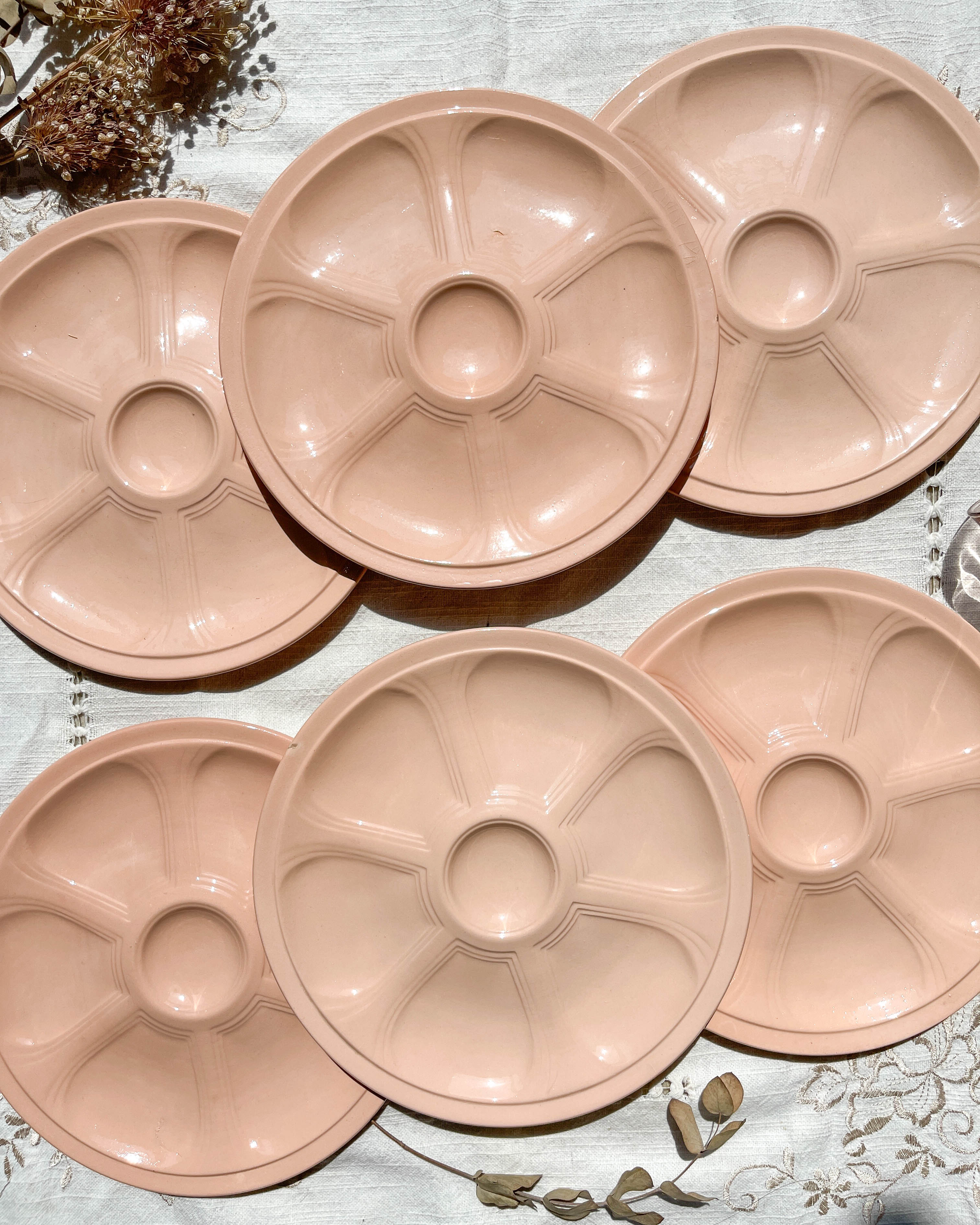 6 pink porcelain oyster plates from Digoin Sarreguemines